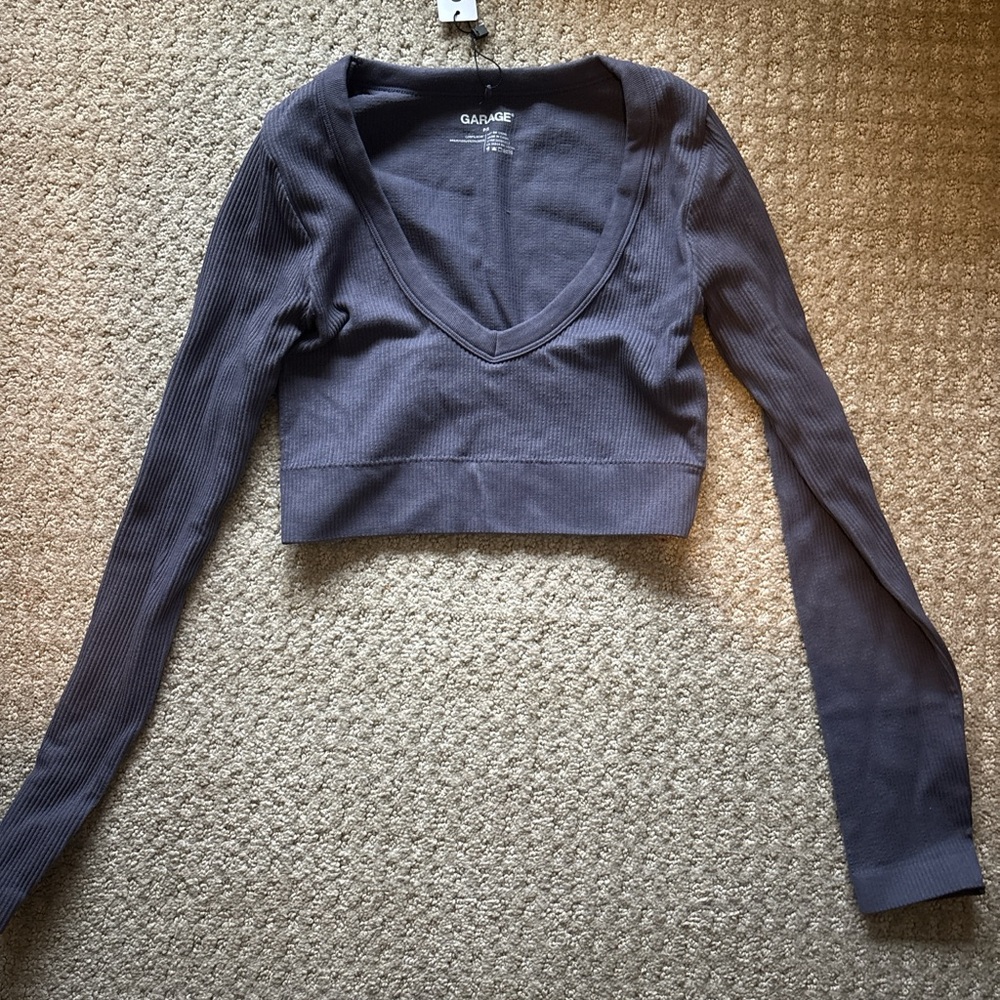 Garage Deep V-Neck Long Sleeve Crop Top - Dark Gray